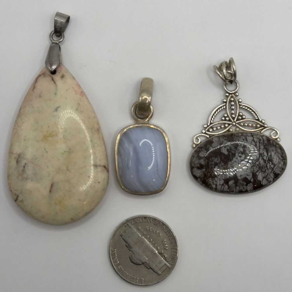925 Sterling Silver Large Stone Pendant Lot Blue Lace Agate - Picture 2 of 7